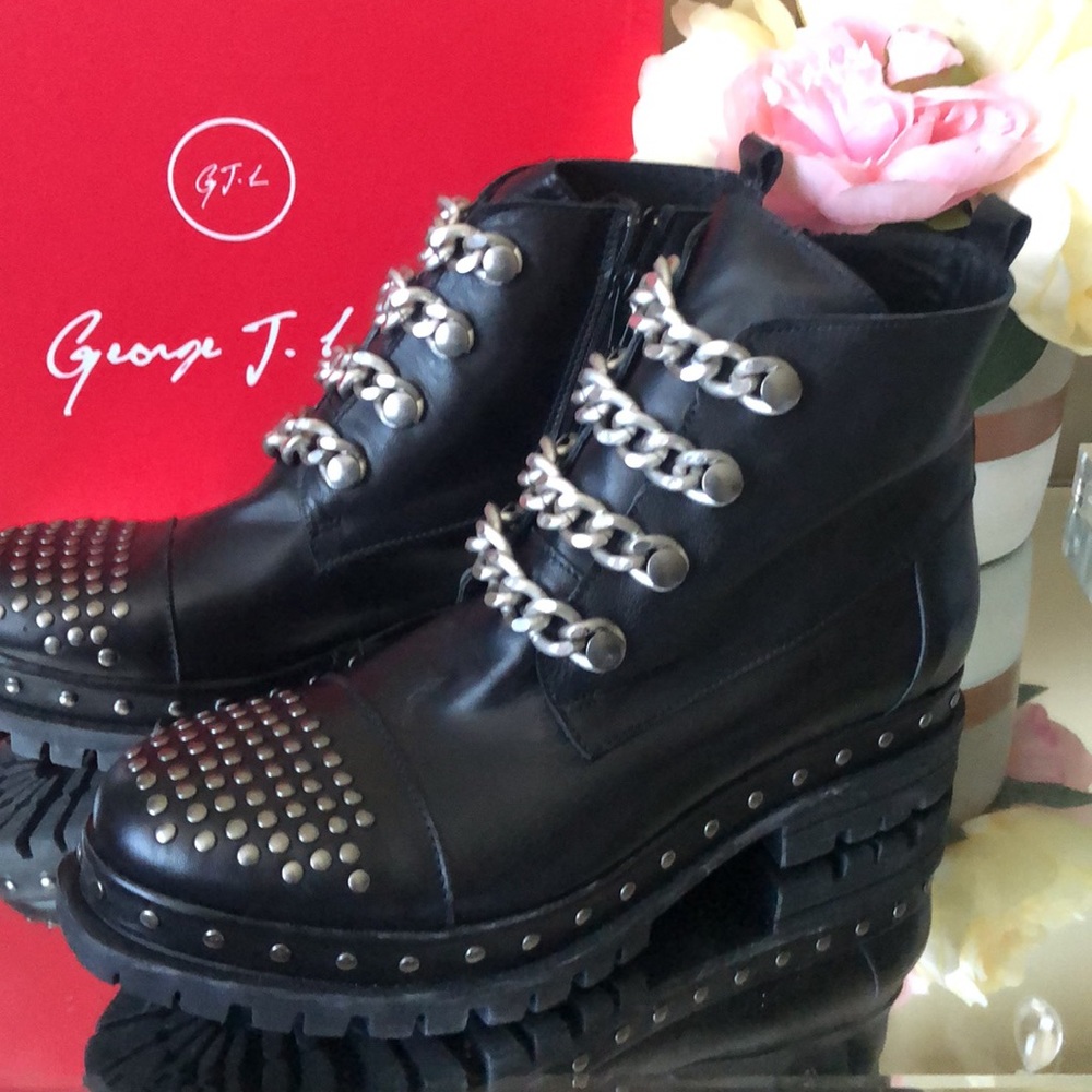 George J LOVE Black Soft Nappa Leather Combat Chain boots